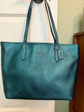 Coach Metallic Sea Green City Zip Tote F16224